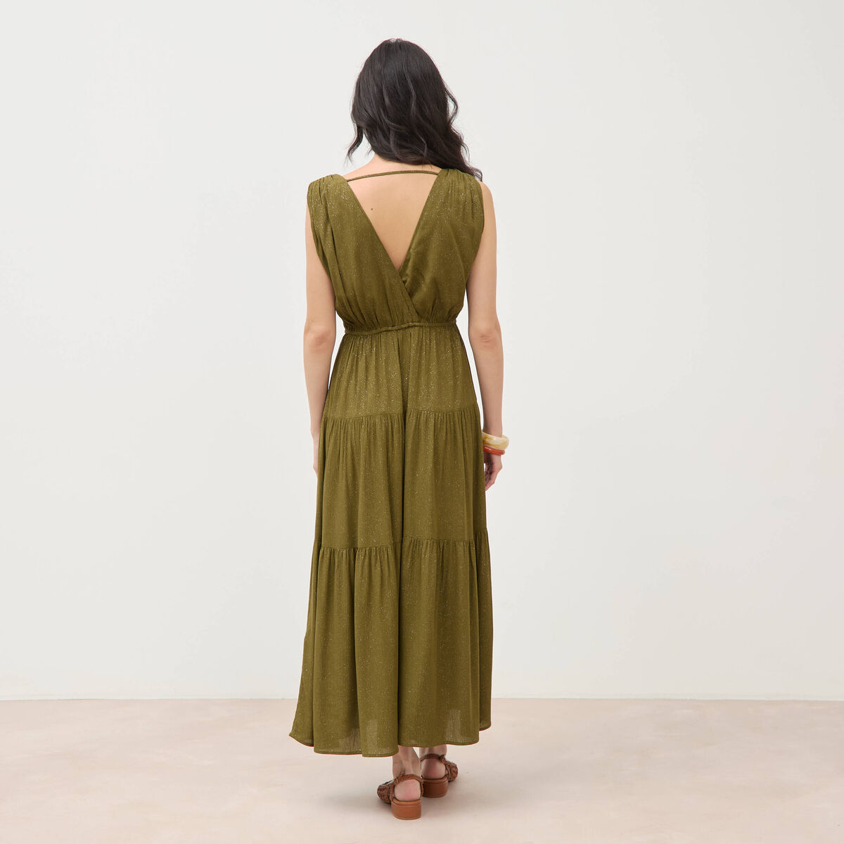 Robe fluide col v sans manches vert kaki femme