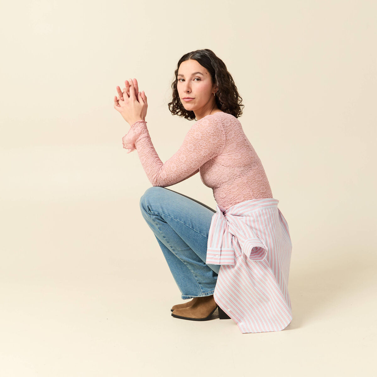 T-shirt ajust&eacute; court manches longues rose pastel femme