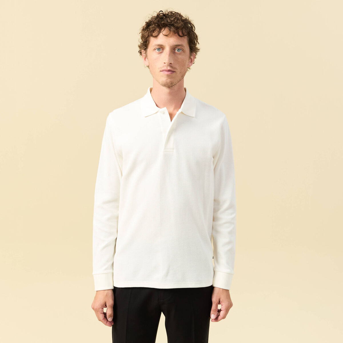 Polo manches longues en coton ecru homme