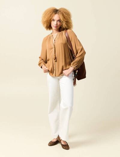 Chemise manches longues col tunisien marron clair femme