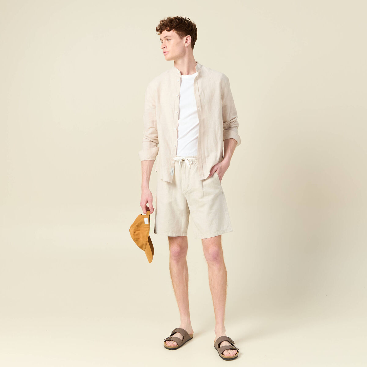 Bermuda droite &agrave; coulisse beige homme