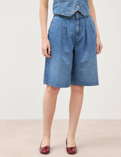 Bermuda jeans large taille haute denim used femme