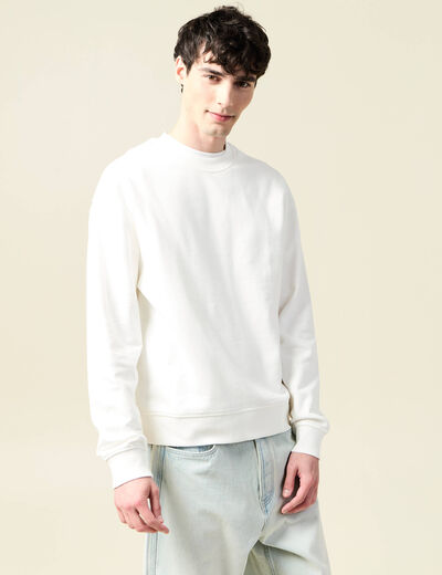 Sweat col rond manches longues en coton ecru homme