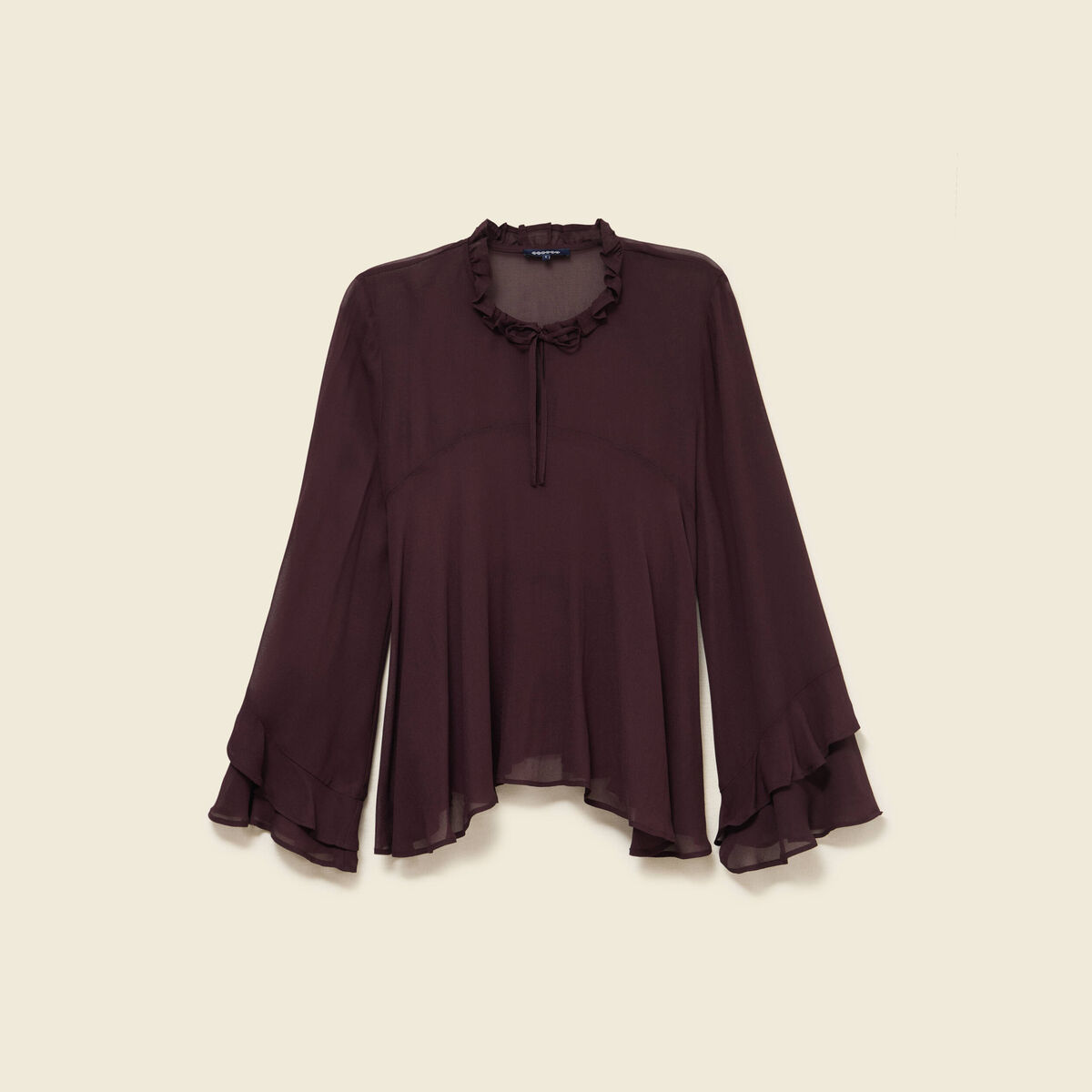 Blouse manches longues col ras de cou marron fonc&eacute; femme