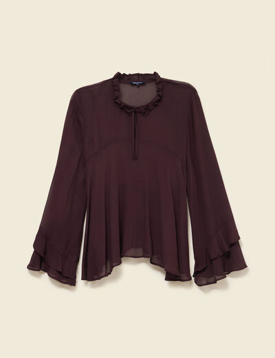 Blouse manches longues col ras de cou marron fonc&eacute; femme