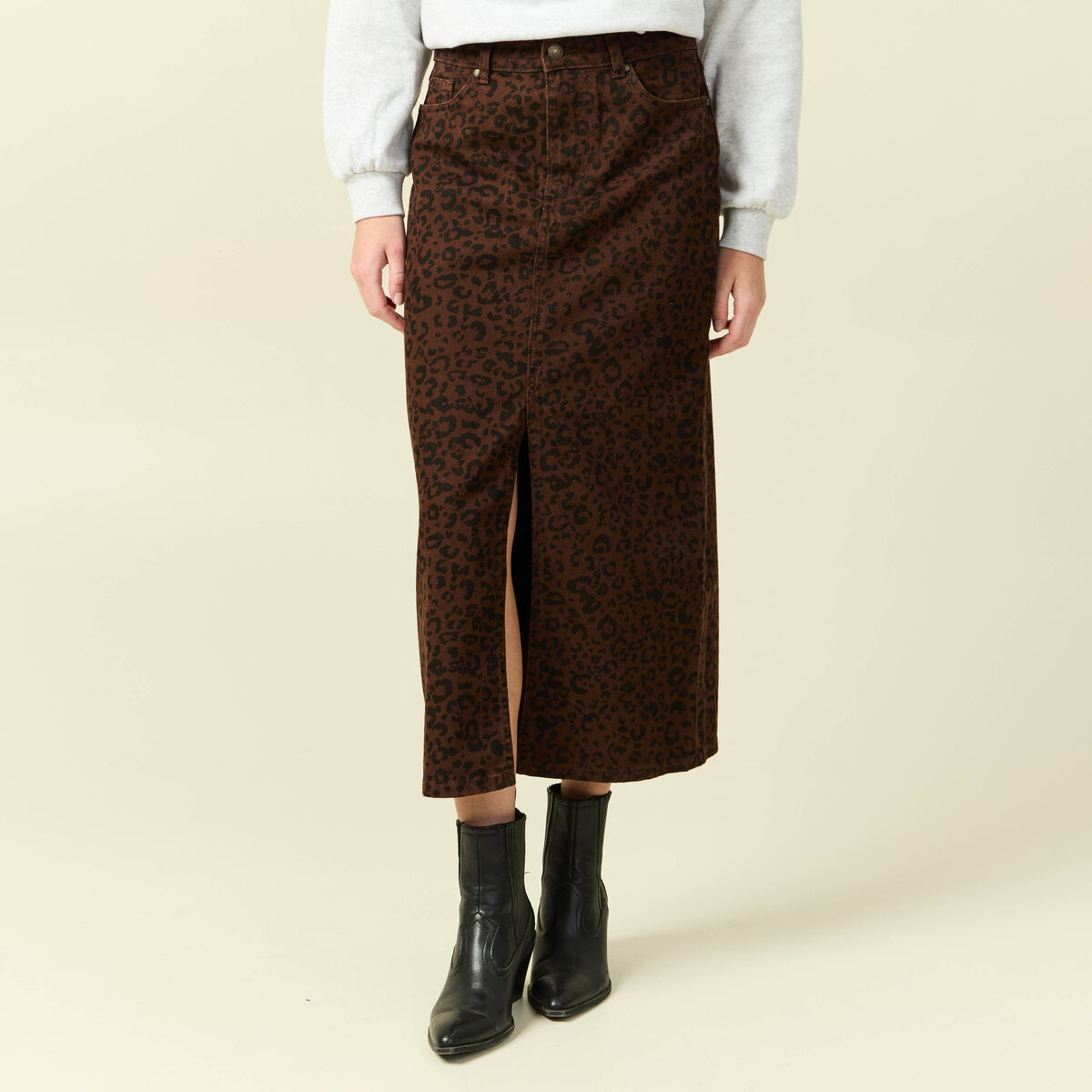 Jupe droite longue en coton marron cognac femme