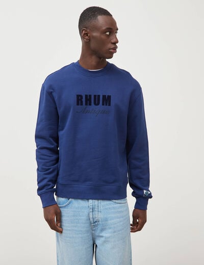 Sweat droit col rond brod&eacute; en coton bleu fonc&eacute; homme