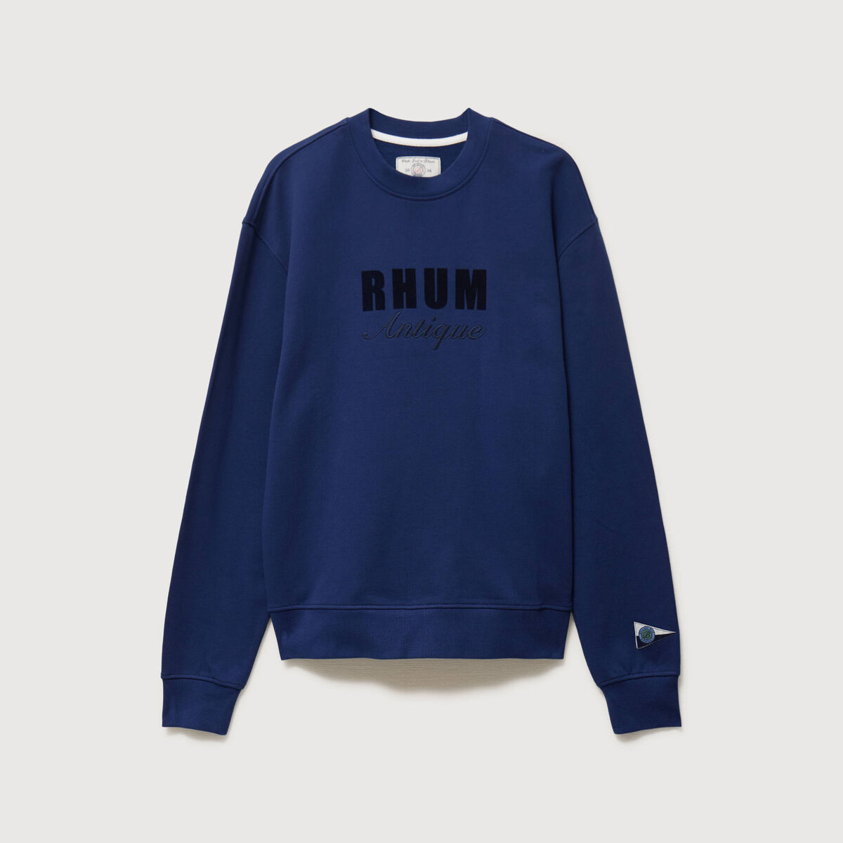 Sweat droit col rond brod&eacute; en coton bleu fonc&eacute; homme
