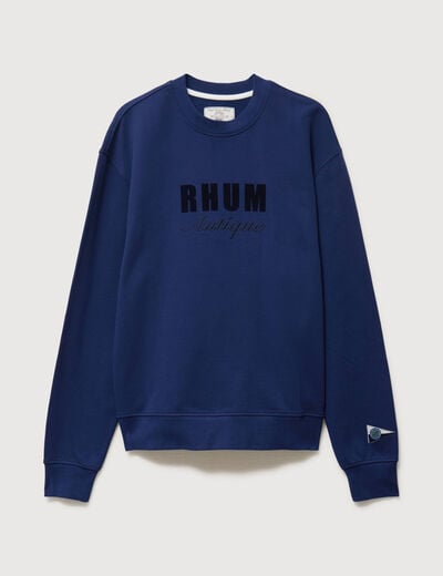 Sweat droit col rond brod&eacute; en coton bleu fonc&eacute; homme