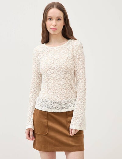 Blouse manches longues dentelle col rond ecru femme