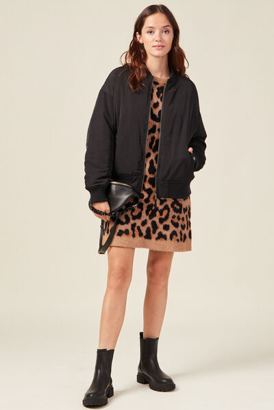 Robe pull droite col rond marron clair femme