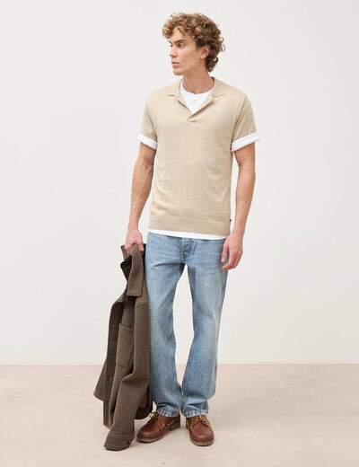 Polo manches courtes col cubain beige homme