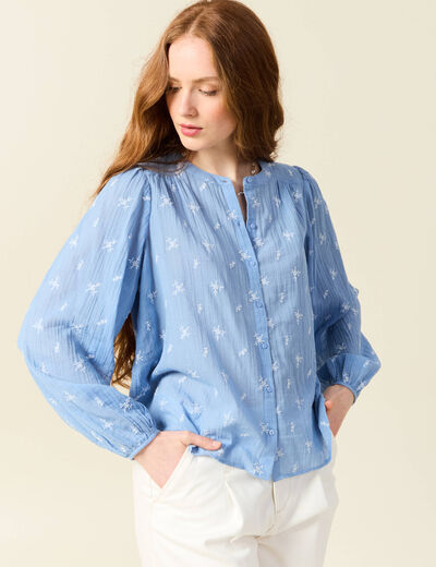 Blouse manches longues brodée bleu ciel femme