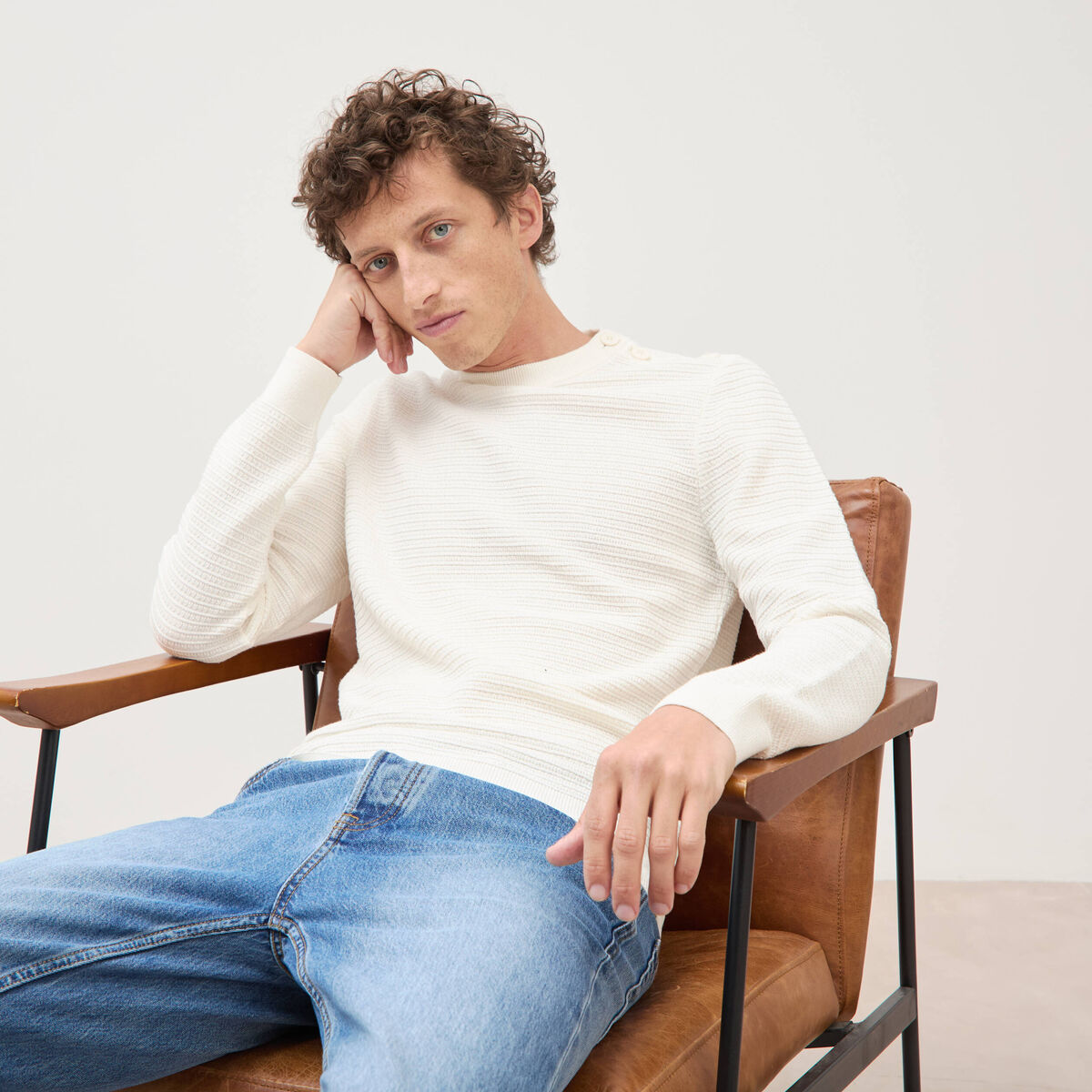 Pull col rond manches longues ecru homme