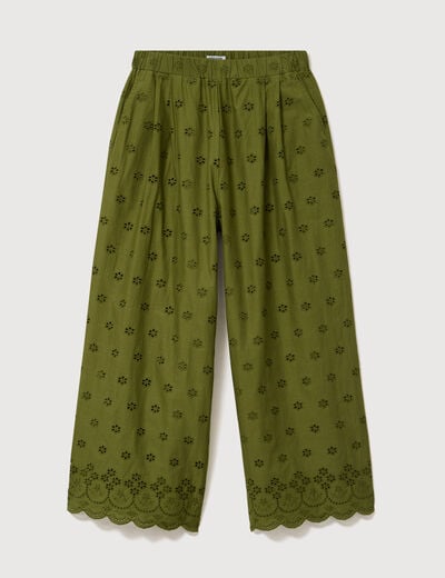 Pantalon droit 7/8&egrave;me brod&eacute; vert kaki femme