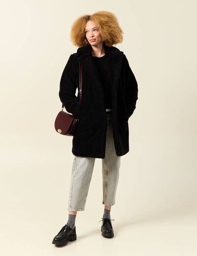 Manteau long laine mouton noir femme