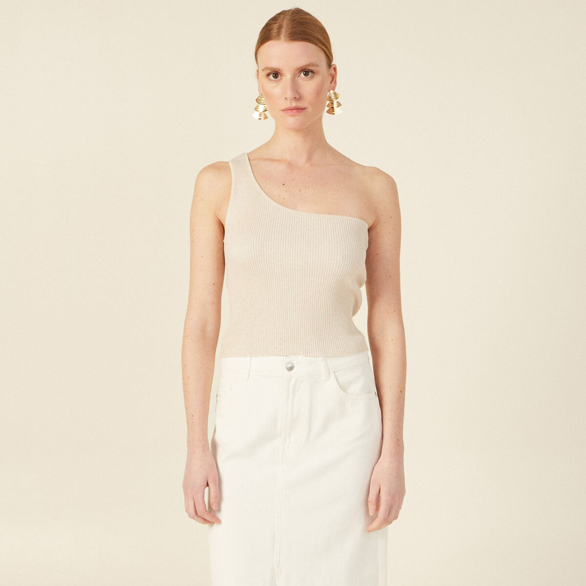 Pull asymétrique creme femme
