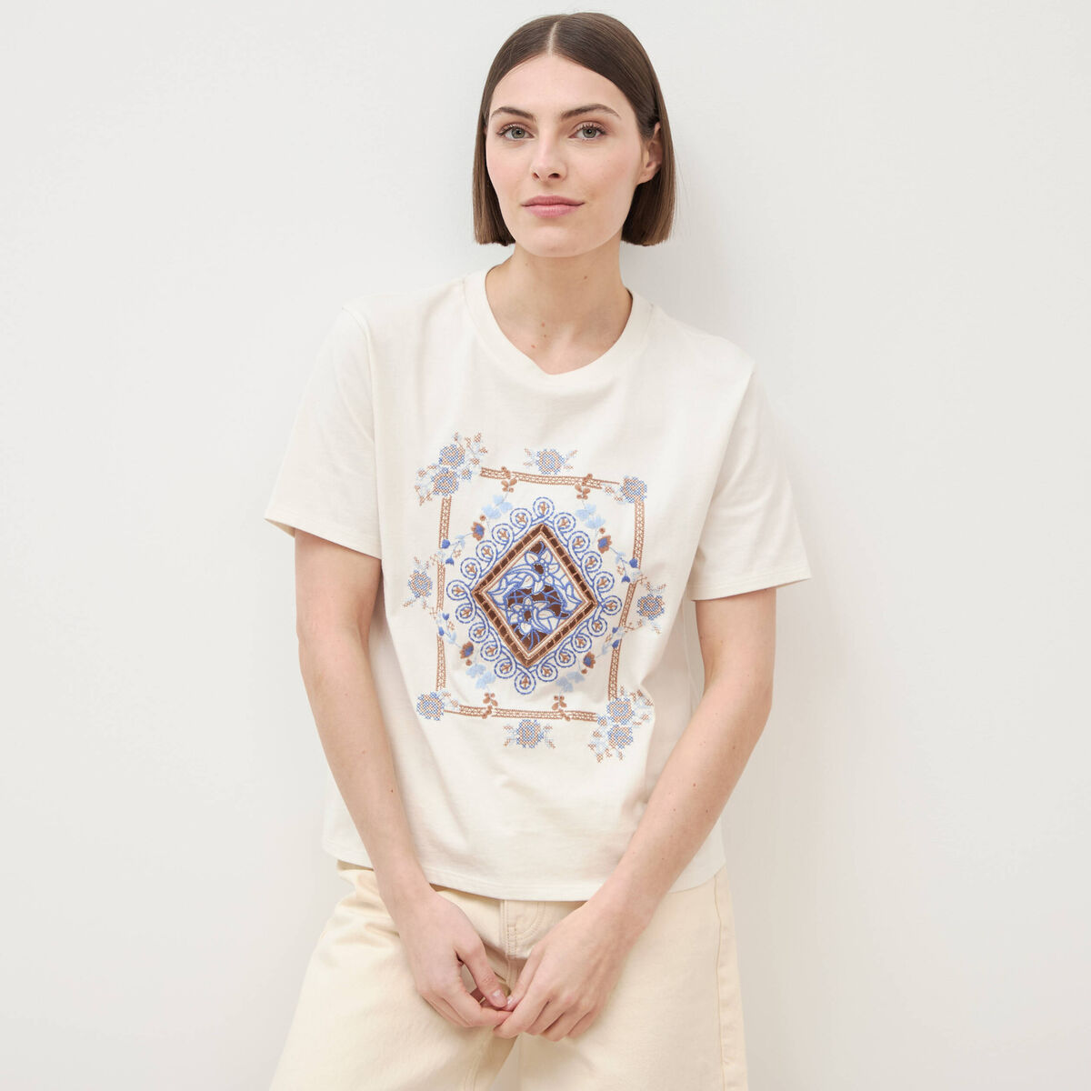 T-shirt en coton manches courtes ivoire femme