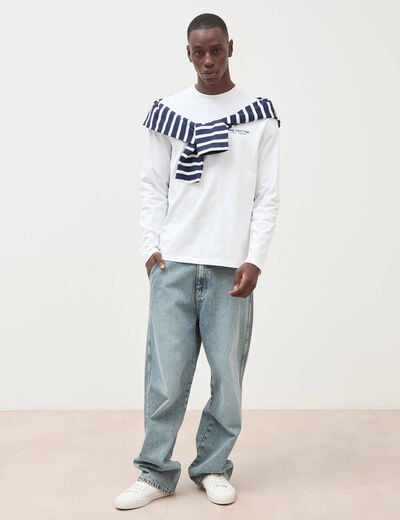 T-shirt droit en coton manches longues blanc homme