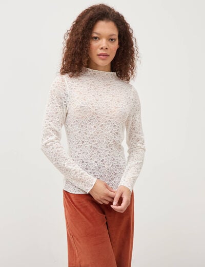 T-shirt ajust&eacute; dentelle manches longues ecru femme