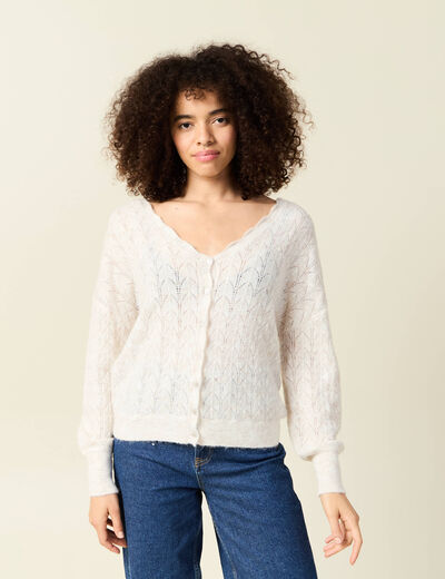 Gilet ajour&eacute; col V manches longues ecru femme