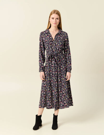 Robe chemise longue évasée bleu marine femme