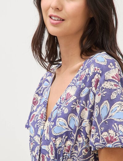 Robe droite 3/4 col v manches courtes bleu femme