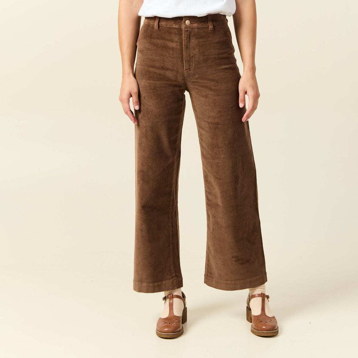 Pantalon large taille haute en velours vieux rose femme