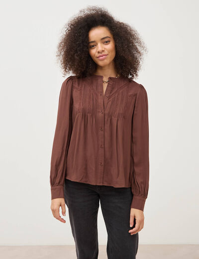 Blouse ajour&eacute;e col rond manches longues marron fonc&eacute; femme