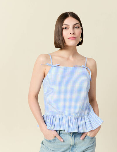 D&eacute;bardeur droit court col carr&eacute; bleu gris femme