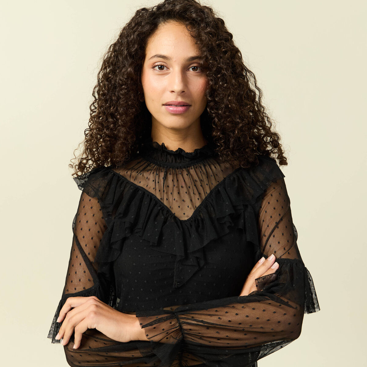 Blouse transparente manches longues noir femme