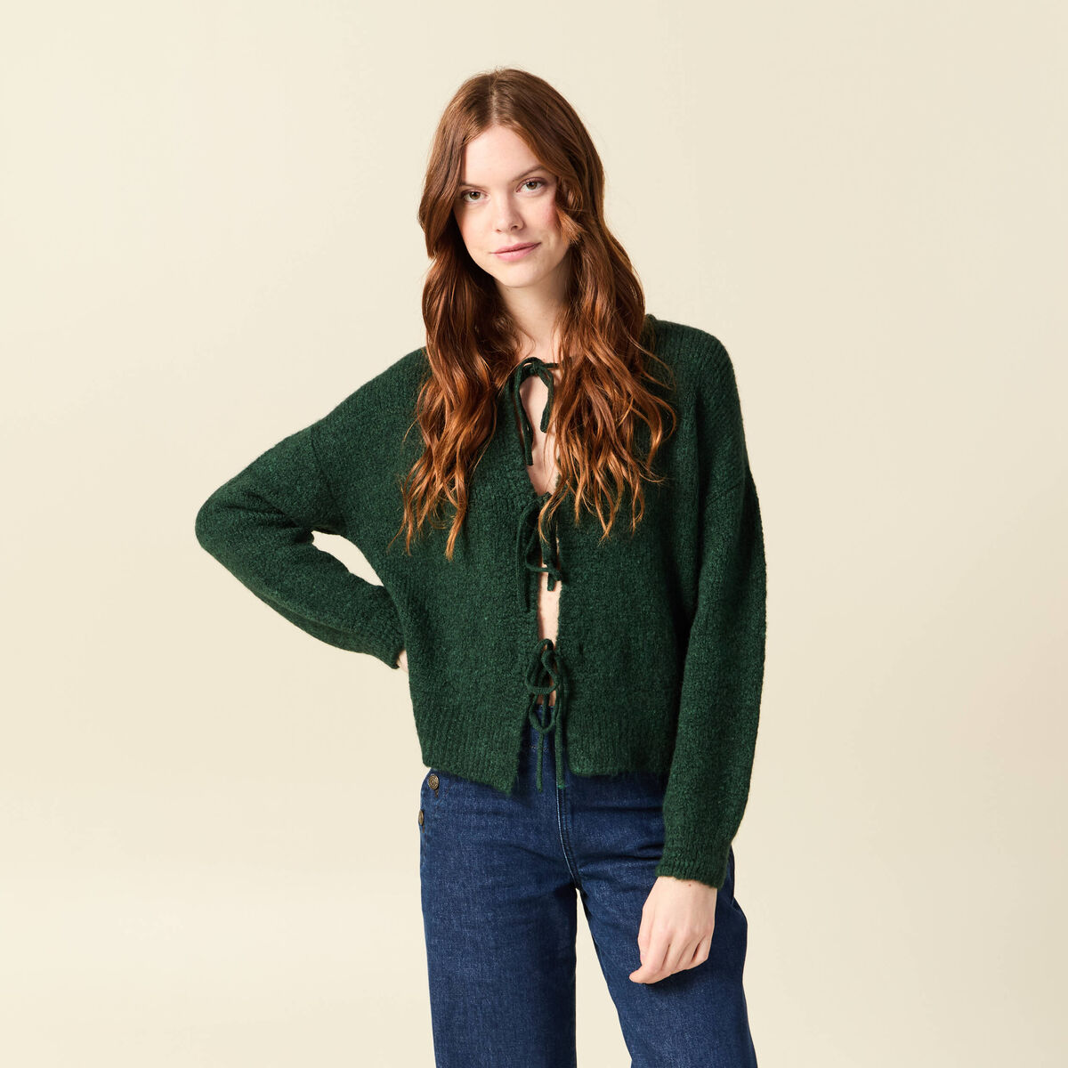 Gilet oversize manches longues vert fonc&eacute; femme