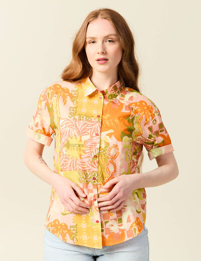 Chemise manches courtes orange corail femme