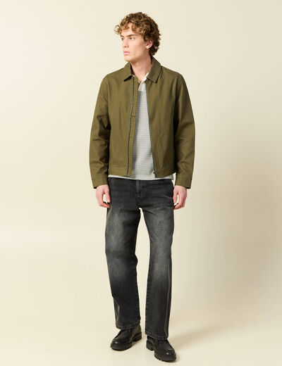 Polo cintr&eacute; manches courtes col cubain ecru homme