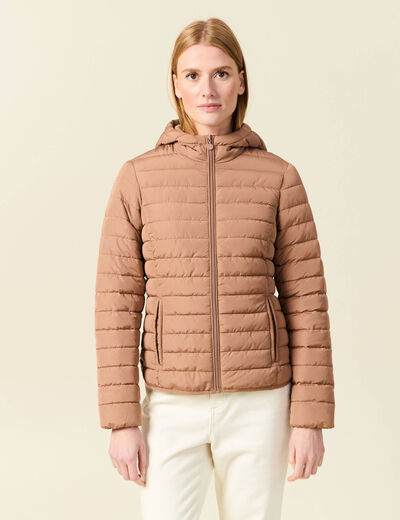 Doudoune ajustée mi-longue à capuche marron clair femme