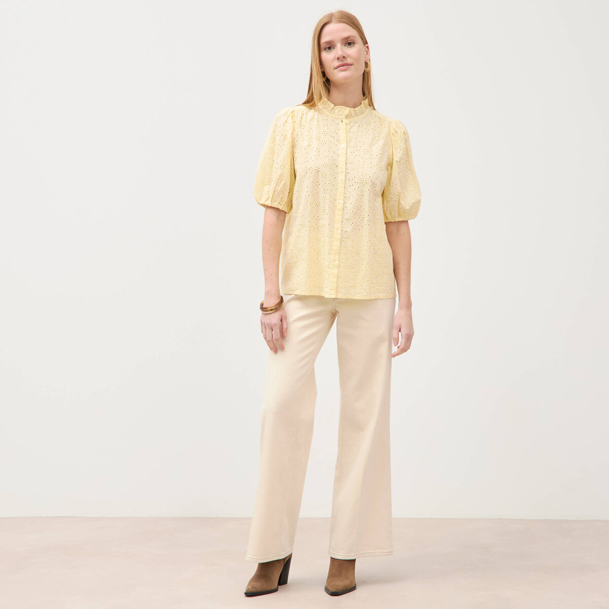 Chemise en coton manches coude jaune clair femme