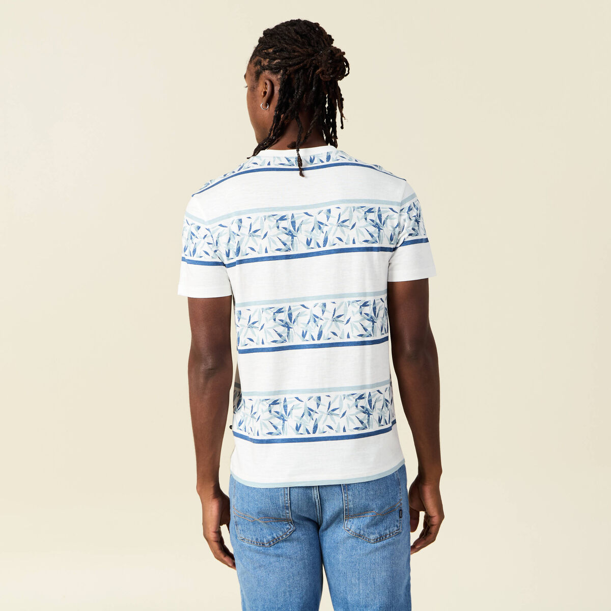 T-shirt ray&eacute; col rond manches courtes bleu homme