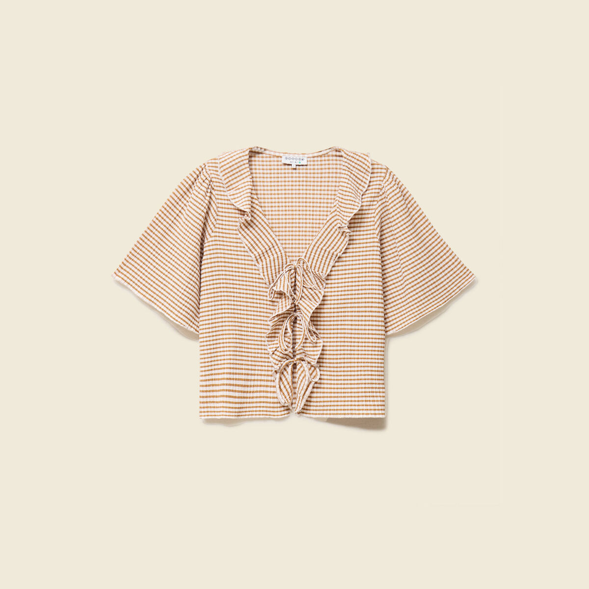 T-shirt col V &agrave; volants manches courtes marron clair femme