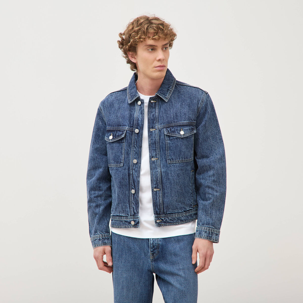 Veste droite en coton col classique denim stone homme