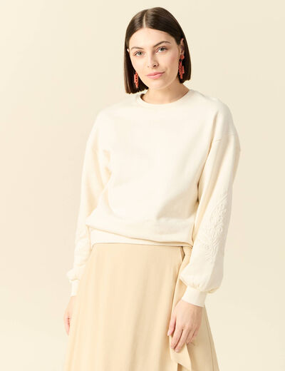 Sweat manches longues brod&eacute; ecru femme