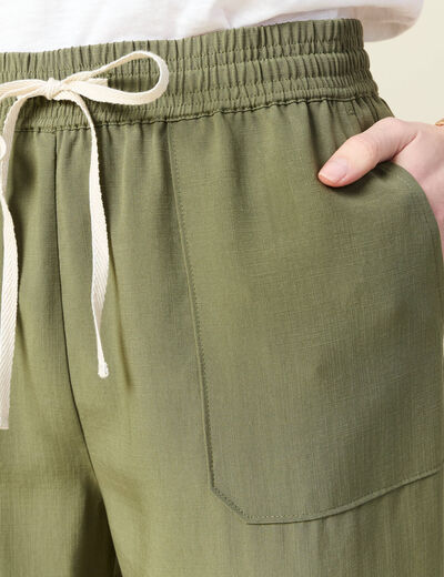 Pantalon droit à coulisse vert kaki femme