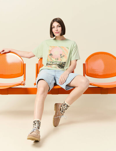 T-shirt oversize mi-long col rond vert clair femme