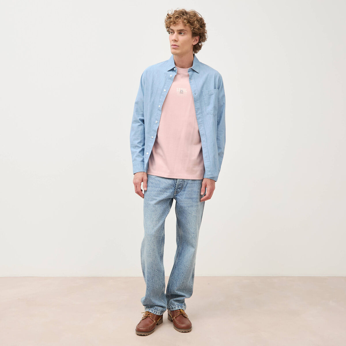 T-shirt droit en coton col ras du cou rose pastel homme