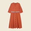 Robe midi évasée ceinturée marron cognac femme