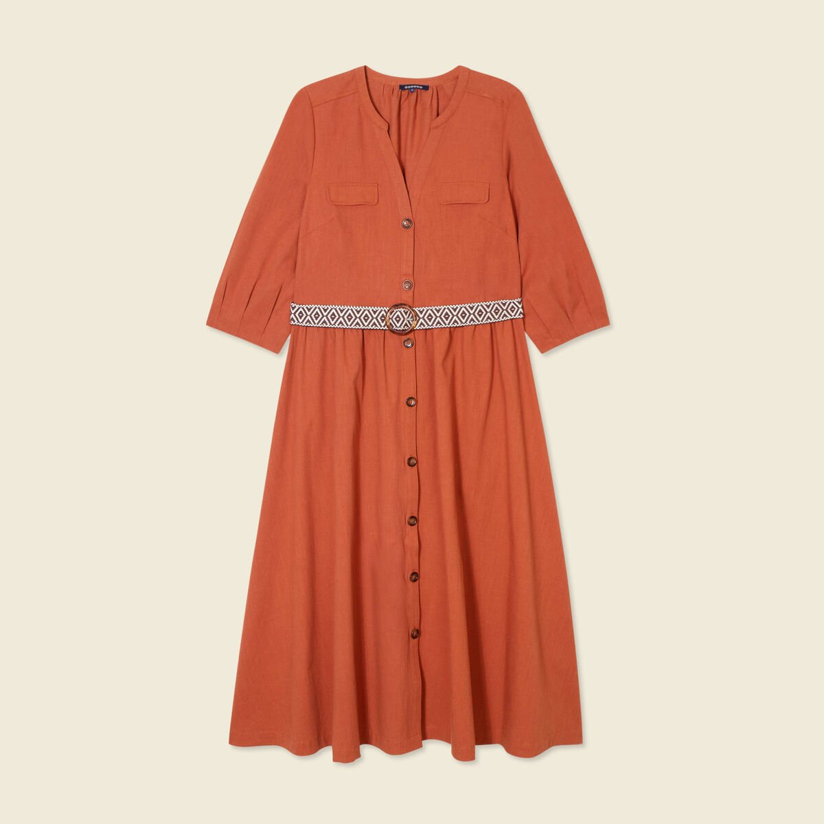 Robe midi évasée ceinturée marron cognac femme