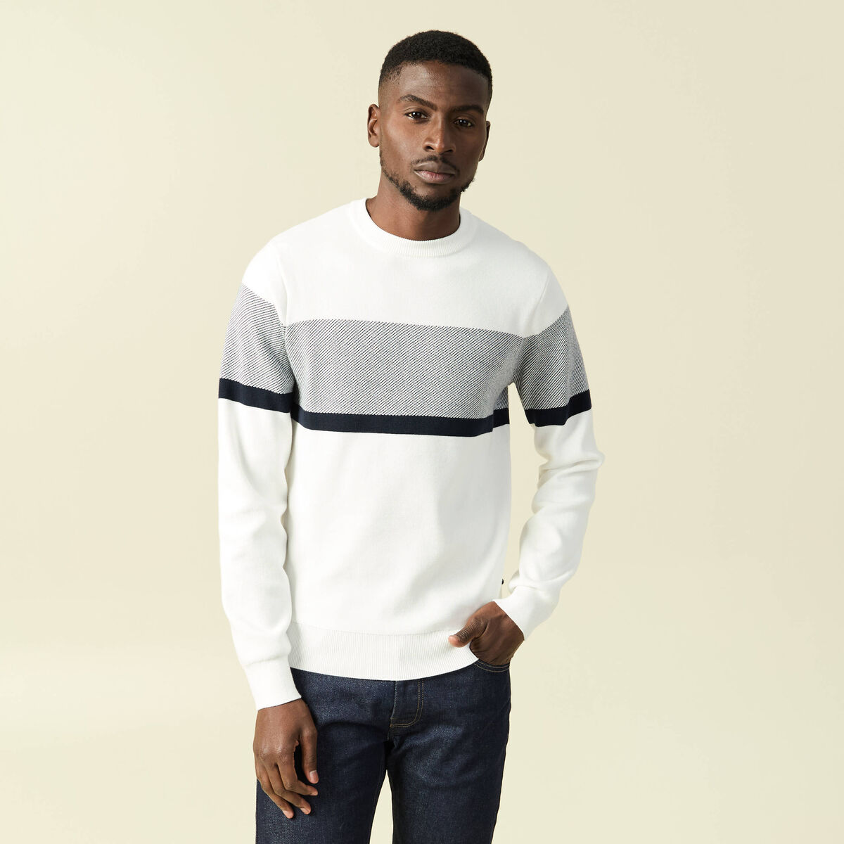 Pull col rond ecru homme