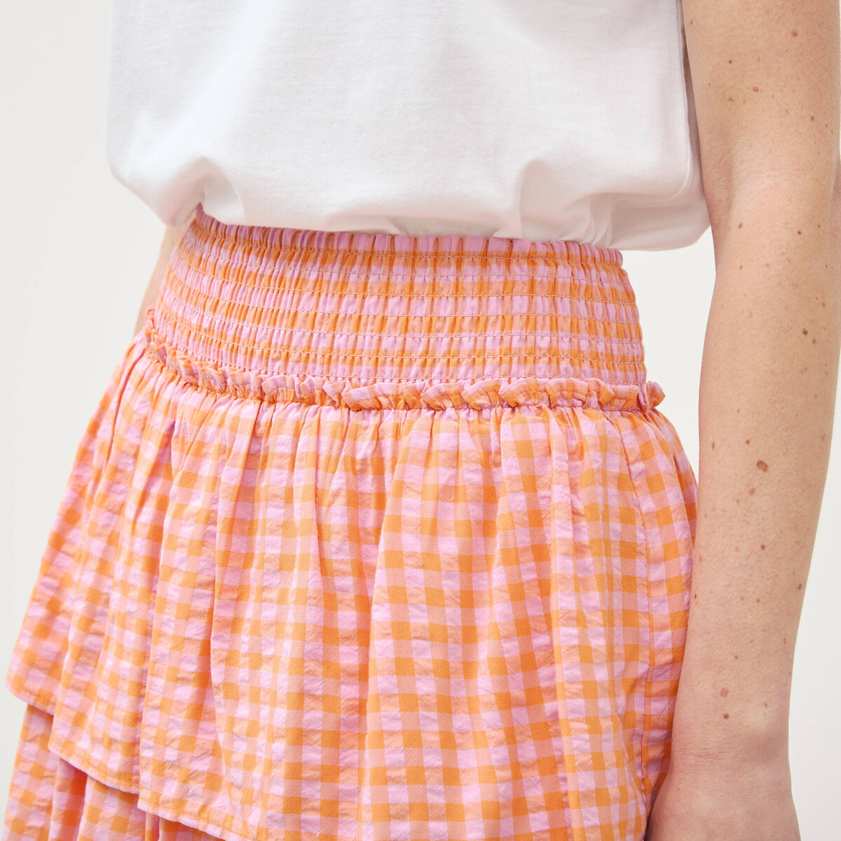 Jupe fluide &agrave; carreaux doubl&eacute;e orange abricot femme