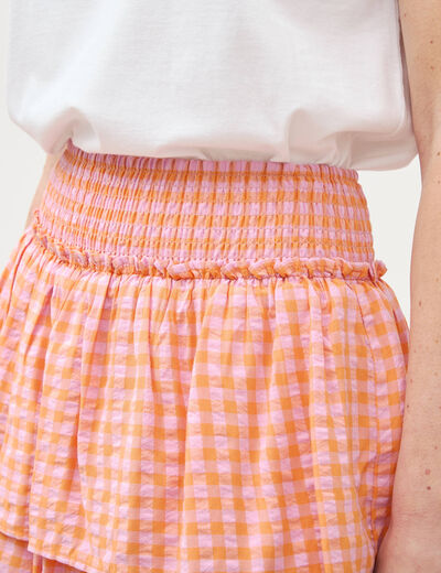 Jupe fluide &agrave; carreaux doubl&eacute;e orange abricot femme