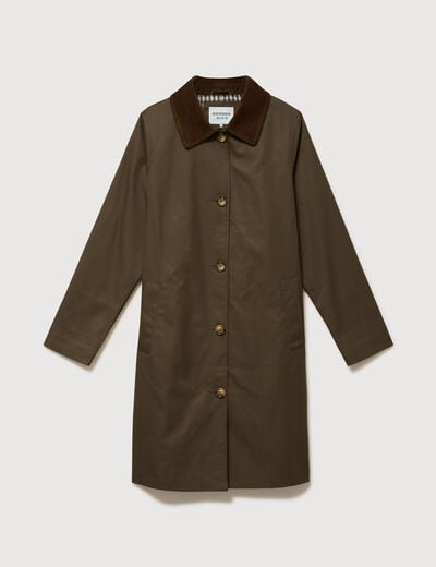 Trench droit long en coton doubl&eacute; vert kaki femme