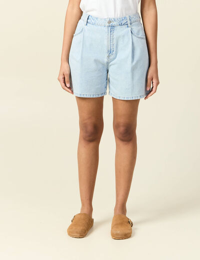 Short droit en jean à pinces denim bleach femme